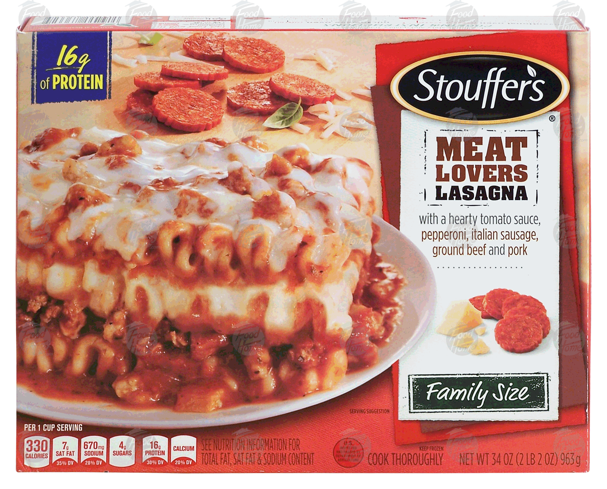 Stouffer's Family Size meat lovers lasagna; with a hearty tomato sauce, pepperoni, italian sausage, ground beef and pork Full-Size Picture